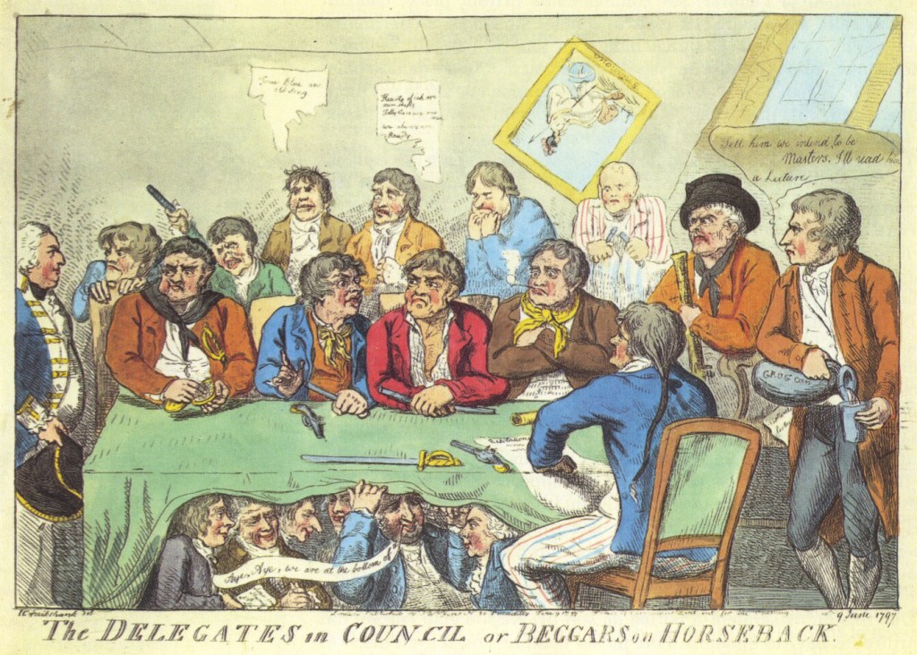 The Delegates in Council, or beggars on horseback, A contemporary cartoon of the delegation of sailors who devised the terms of settlement of the Mutiny of Spithead, 1797 (Vaisseau de Ligne, Time Life, 1979)