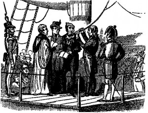 18th century illustration of Richard Parker (British sailor) about to be hanged for mutiny (Newgate Calendar)