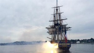 L'Hermione fires her cannons as she arrived in Lunenburg. (Brett Ruskin/CBC)