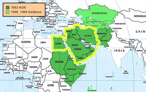 Central Command's Area of Responsibility (AOR) in 1983 and 1989 (Courtesy Carolina Center for the Study of the Middle East and Muslim Civilizations)