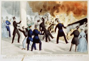 Awful explosion of the "peace-maker" on board the U.S. Steam Frigate Princeton on Wednesday, 1844-02-28. New York: Published by N. Currier. Currier & Ives. A size. Lithograph print, hand-colored. Currier & Ives (LOC PHOTO)