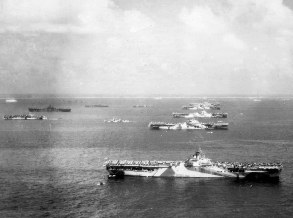 Aircraft carriers of Task Force 58 at anchor following the Battle of the Philippines Sea, Ulithi Atoll, December 8, 1944. (Official U.S. Navy photo 80-G-294131)