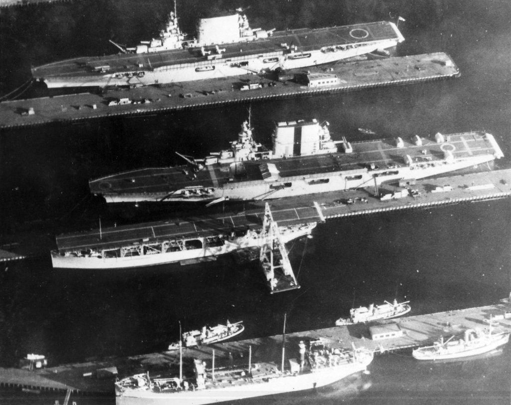 U.S.S. Lexington, Saratoga, and Langley (from top to bottom) at anchor in Puget Sound, 1929. (wikimedia commons)