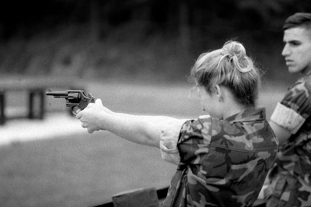 Lance Cpl. Jennifer L. Hague fires a .38-caliber service revolver as part of her training at the Marine Security Guard School, Marine Corps Development and Education Command. Each Marine must qualify with the revolver before assignment to an American embassy in a foreign country.