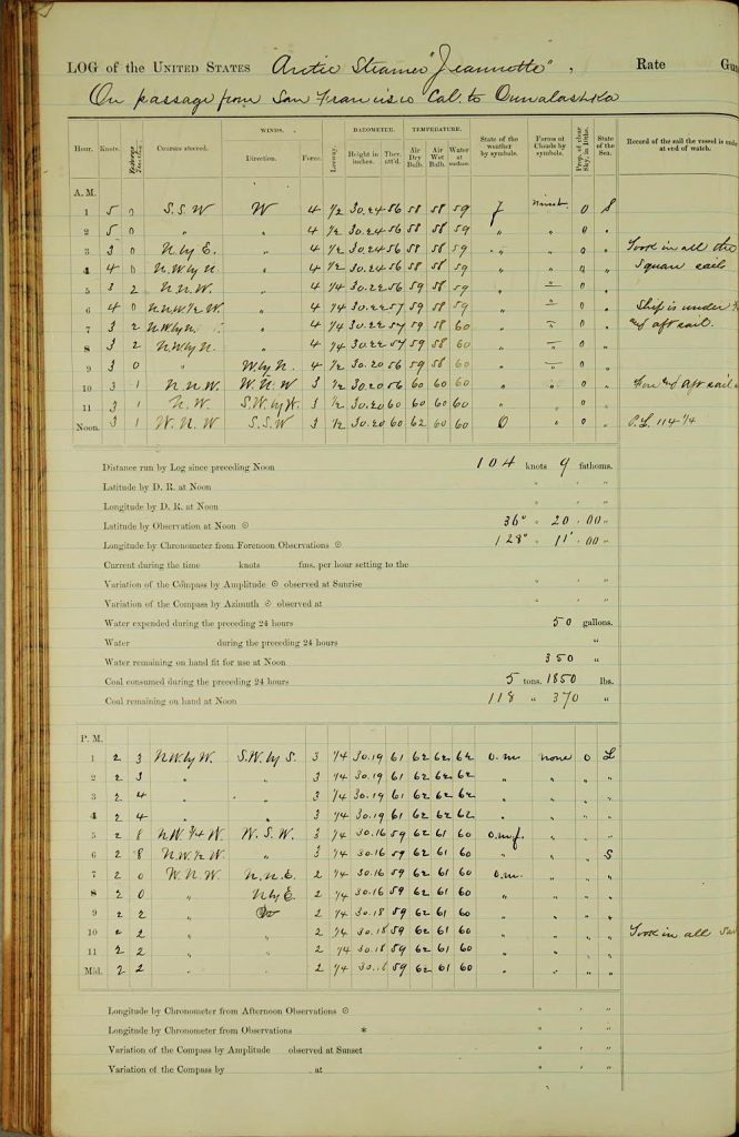 Handwritten page with meteorological data from a logbook of the USS Jeannette. Source: http:IIoldweather.s3.amazonaws.comlow31final/USS%20Jeannettelvol001of0041vo1001_ 042 0.jpg 