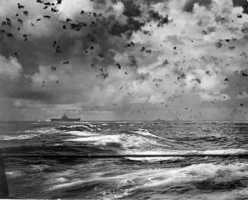 AA bursts above the U.S.S. Enterprise (CV-6) at the Battle of the Santa Cruz Islands. (US Navy Photo)